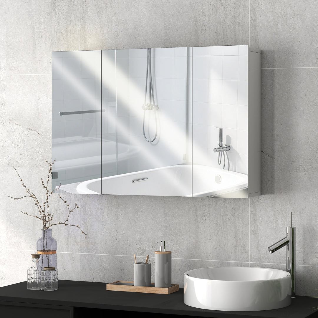 kleankin 28" x 24" Wall Mounted Mirror Cabinet, Bathroom Medicine Cabinet with Mirror, 3 Doors and Adjustable Shelves, White