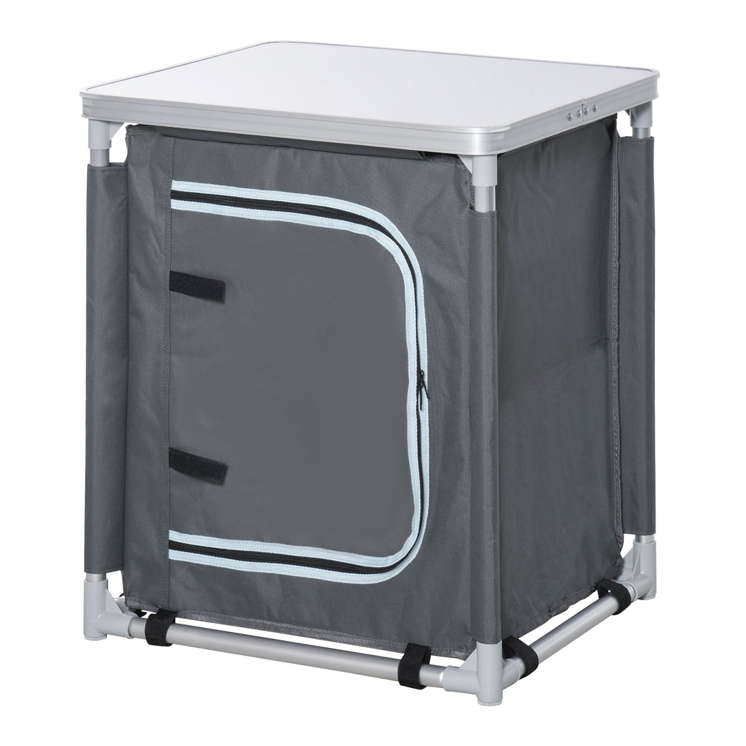 Outsunny Camping Kitchen Station, Aluminum Camping Table Cook Cupboard with 2-Shelf and Carrying Bag for BBQ Party Picnics, Grey