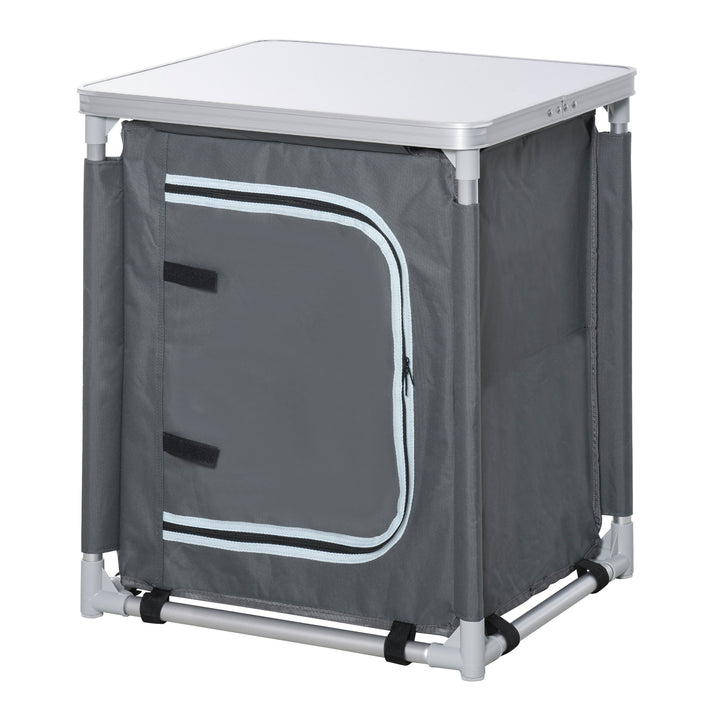 Outsunny Camping Kitchen Station, Aluminum Camping Table Cook Cupboard with 2-Shelf and Carrying Bag for BBQ Party Picnics, Grey
