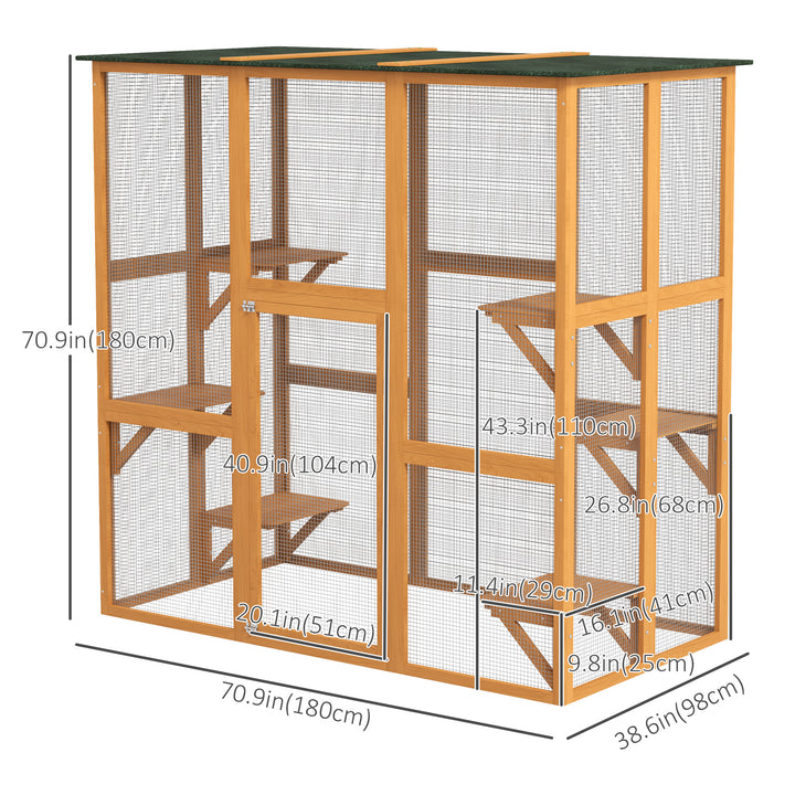 PawHut Large Outdoor Catio Enclosure, Weatherproof Cat House with Asphalt Roof,  Wooden Cat Patio Cage with 6 Balanced Platforms, 71" x 39" x 71", Grey