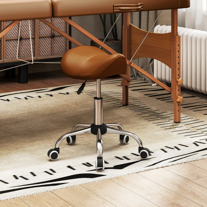 HOMCOM Cosmetic Stool 360° Rotate Height Adjustable Salon Massage Spa Chair Hydraulic Rolling Faux Leather Saddle Stool Mobility, Cream White