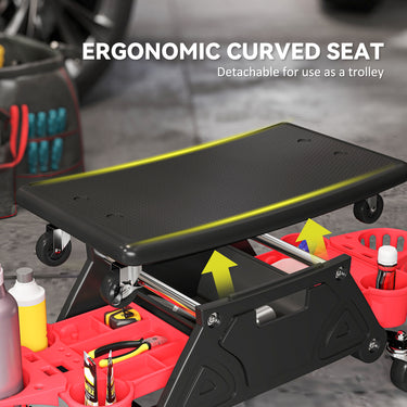 HOMCOM Rolling Garage Stool with Wheels, 300 LBS Capacity Padded Mechanic Stool with Tool Trays Storage, Black