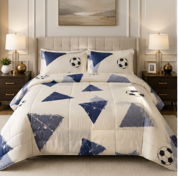 Aarniva Breathable Polyester Comforter Set | King/Queen | 250 GSM | Ultra-Soft & Cozy | Soccer Navy | 5-Piece Set