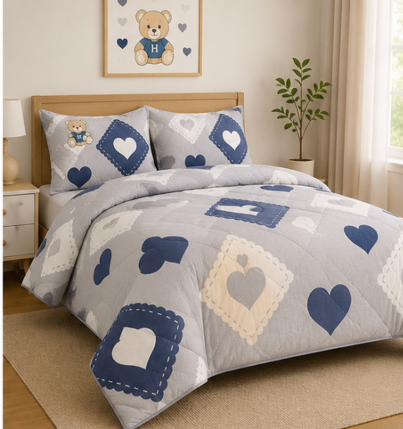 Aarniva Breathable Polyester Comforter Set | King/Queen | 250 GSM | Ultra-Soft & Cozy | Sweet Hearts | 5-Piece Set