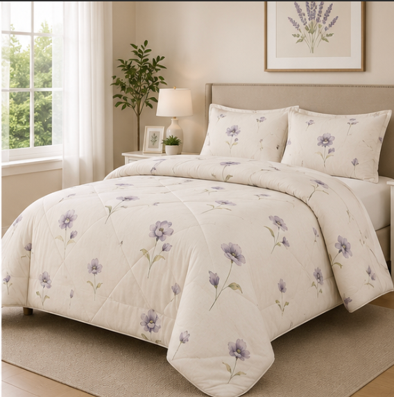 Aarniva Breathable Polyester Comforter Set | King/Queen | 250 GSM | Ultra-Soft & Cozy | Lavender Bloom | 5-Piece Set