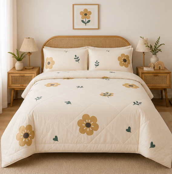 Aarniva Breathable Polyester Comforter Set | King/Queen | 250 GSM | Ultra-Soft & Cozy | Golden Bloom | 5-Piece Set