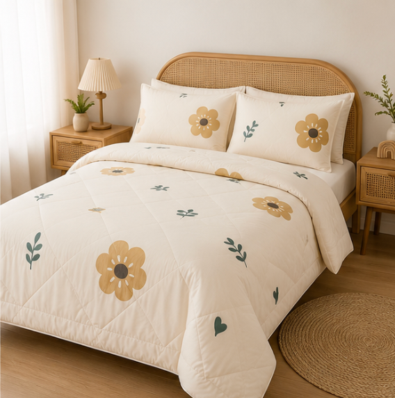 Aarniva Breathable Polyester Comforter Set | King/Queen | 250 GSM | Ultra-Soft & Cozy | Golden Bloom | 5-Piece Set