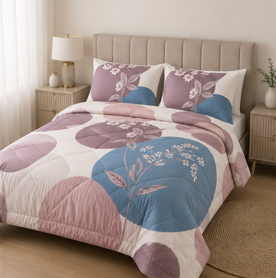 Aarniva Breathable Polyester Comforter Set | King/Queen | 250 GSM | Ultra-Soft & Cozy | Soft Floral | 5-Piece Set