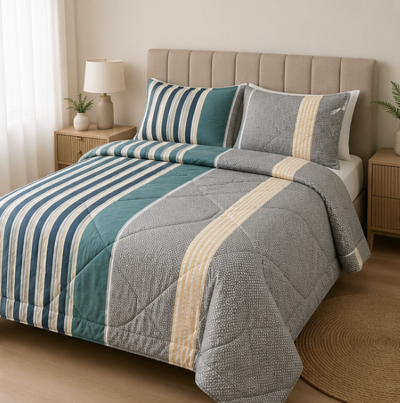 Aarniva Breathable Polyester Comforter Set | King/Queen | 250 GSM | Ultra-Soft & Cozy | Modern Stripe | 5-Piece Set