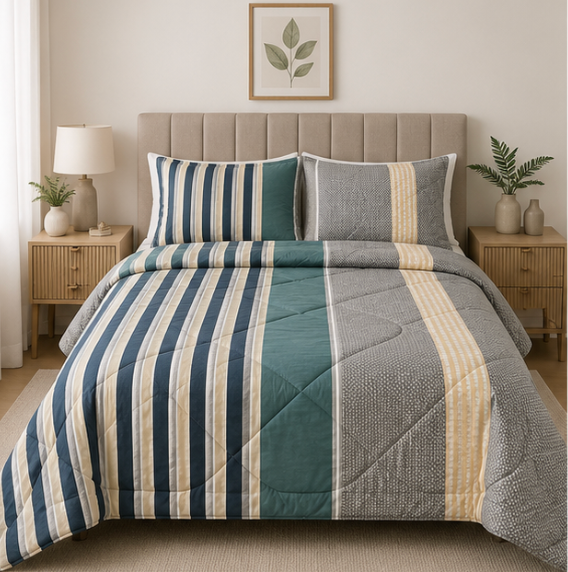 Aarniva Breathable Polyester Comforter Set | King/Queen | 250 GSM | Ultra-Soft & Cozy | Modern Stripe | 5-Piece Set