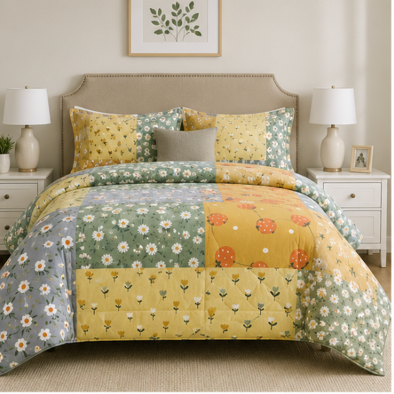Aarniva Breathable Polyester Comforter Set | King/Queen | 250 GSM | Ultra-Soft & Cozy | Flower Patch | 5-Piece Set