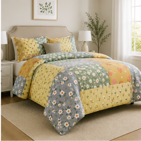 Aarniva Breathable Polyester Comforter Set | King/Queen | 250 GSM | Ultra-Soft & Cozy | Flower Patch | 5-Piece Set