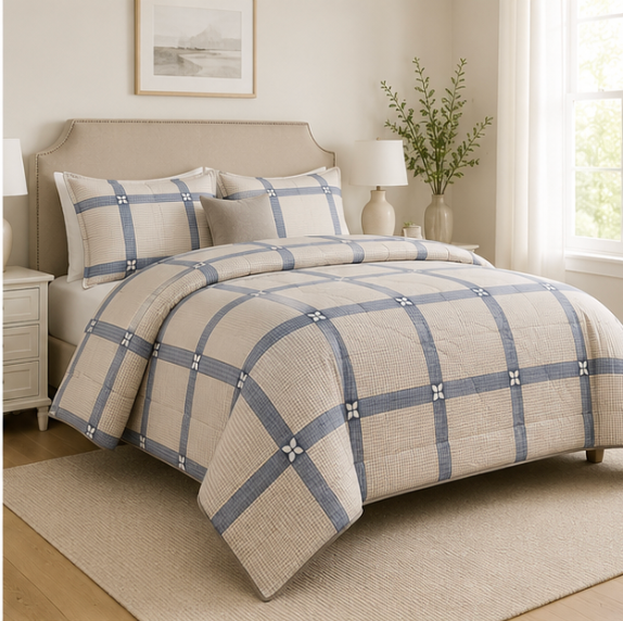 Aarniva Breathable Polyester Comforter Set | King/Queen | 250 GSM | Ultra-Soft & Cozy | Stone Grid | 5-Piece Set