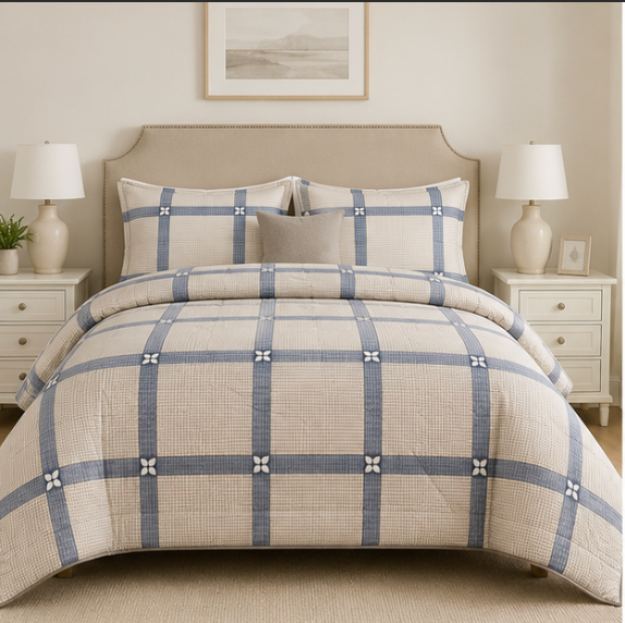 Aarniva Breathable Polyester Comforter Set | King/Queen | 250 GSM | Ultra-Soft & Cozy | Stone Grid | 5-Piece Set