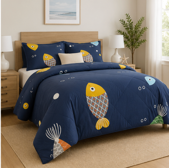 Aarniva Breathable Polyester Comforter Set | King/Queen | 250 GSM | Ultra-Soft & Cozy | Deep Sea | 5-Piece Set