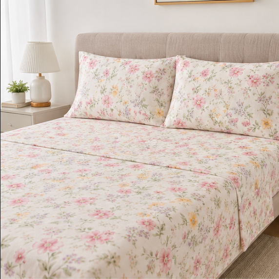 Aarniva Polyester Bedsheet Set | King/Queen | Soft & Breathable | Spring Bloom | 4-Piece Set