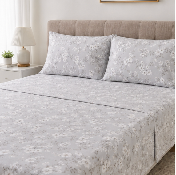 Aarniva Polyester Bedsheet Set | King/Queen | Soft & Breathable | Soft Silver | 4-Piece Set