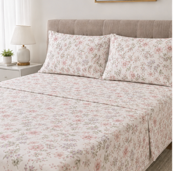 Aarniva Polyester Bedsheet Set | King/Queen | Soft & Breathable | Soft Floral | 4-Piece Set