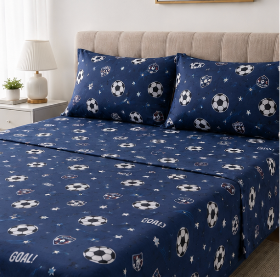 Aarniva Polyester Bedsheet Set | King/Queen | Soft & Breathable | Soccer Navy | 4-Piece Set