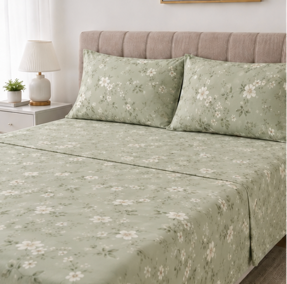 Aarniva Polyester Bedsheet Set | King/Queen | Soft & Breathable | Sage Horizon | 4-Piece Set
