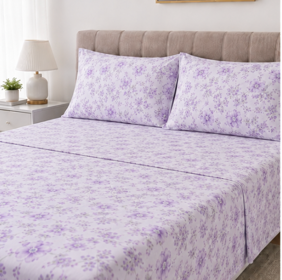 Aarniva Polyester Bedsheet Set | King/Queen | Soft & Breathable | Lavender Bloom | 4-Piece Set