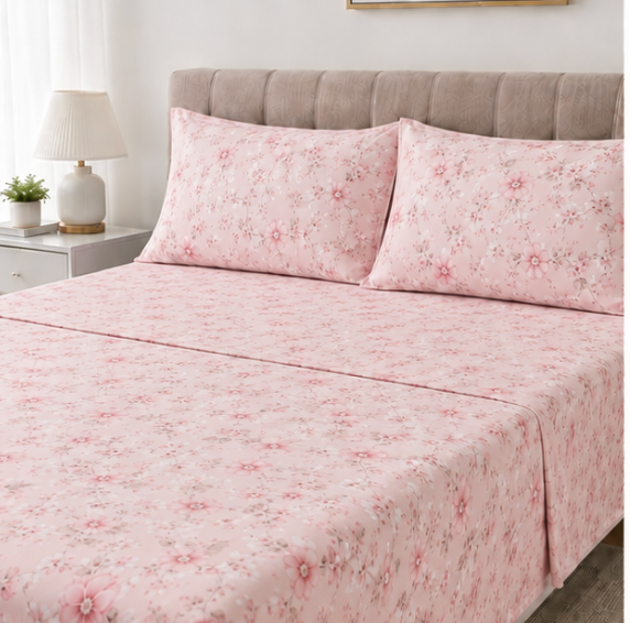 Aarniva Polyester Bedsheet Set | King/Queen | Soft & Breathable | Blush Blossom | 4-Piece Set