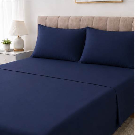 Aarniva Polyester Bedsheet Set | King/Queen | Soft & Breathable | Navy Blue | 4-Piece Set