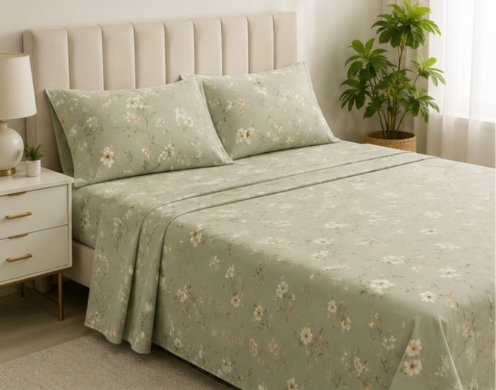 Aarniva Polyester Bedsheet Set | King/Queen | Soft & Breathable | Sage Meadow | 4-Piece Set
