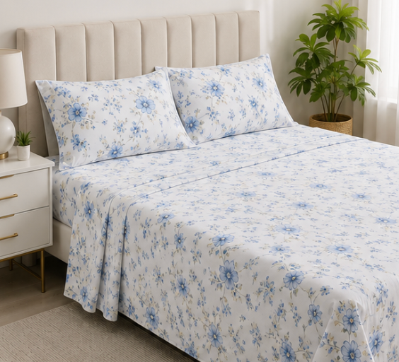 Aarniva Polyester Bedsheet Set | King/Queen | Soft & Breathable | Floral Blue | 4-Piece Set