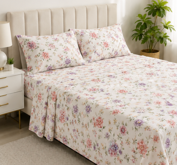 Aarniva Polyester Bedsheet Set | King/Queen | Soft & Breathable | Flower Patterns | 4-Piece Set
