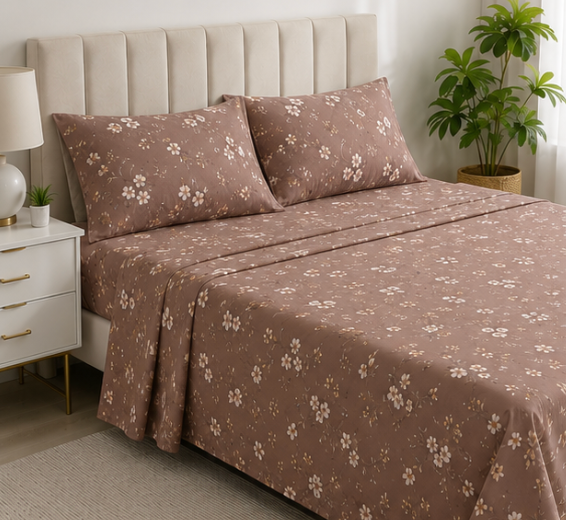 Aarniva Polyester Bedsheet Set | King/Queen | Soft & Breathable | Brown with Flowers | 4-Piece Set