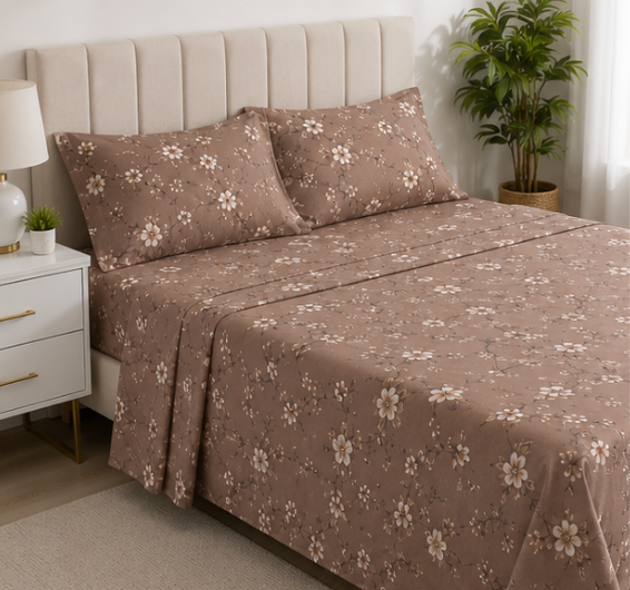 Aarniva Polyester Bedsheet Set | King/Queen | Soft & Breathable | Brown Design | 4-Piece Set