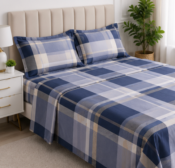 Aarniva Polyester Bedsheet Set | King/Queen | Soft & Breathable | Blue square Design | 4-Piece Set