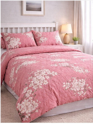Aarniva Breathable Polyester Comforter Set | King/Queen | 250 GSM | Ultra-Soft & Cozy | Pink with White Flowers | 5-Piece Set