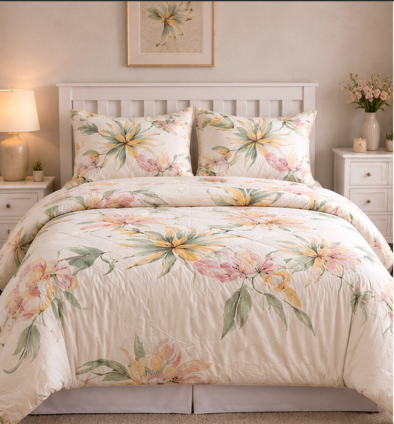 Aarniva Breathable Polyester Comforter Set | King/Queen | 250 GSM | Ultra-Soft & Cozy | Flower Leaves Design | 5-Piece Set