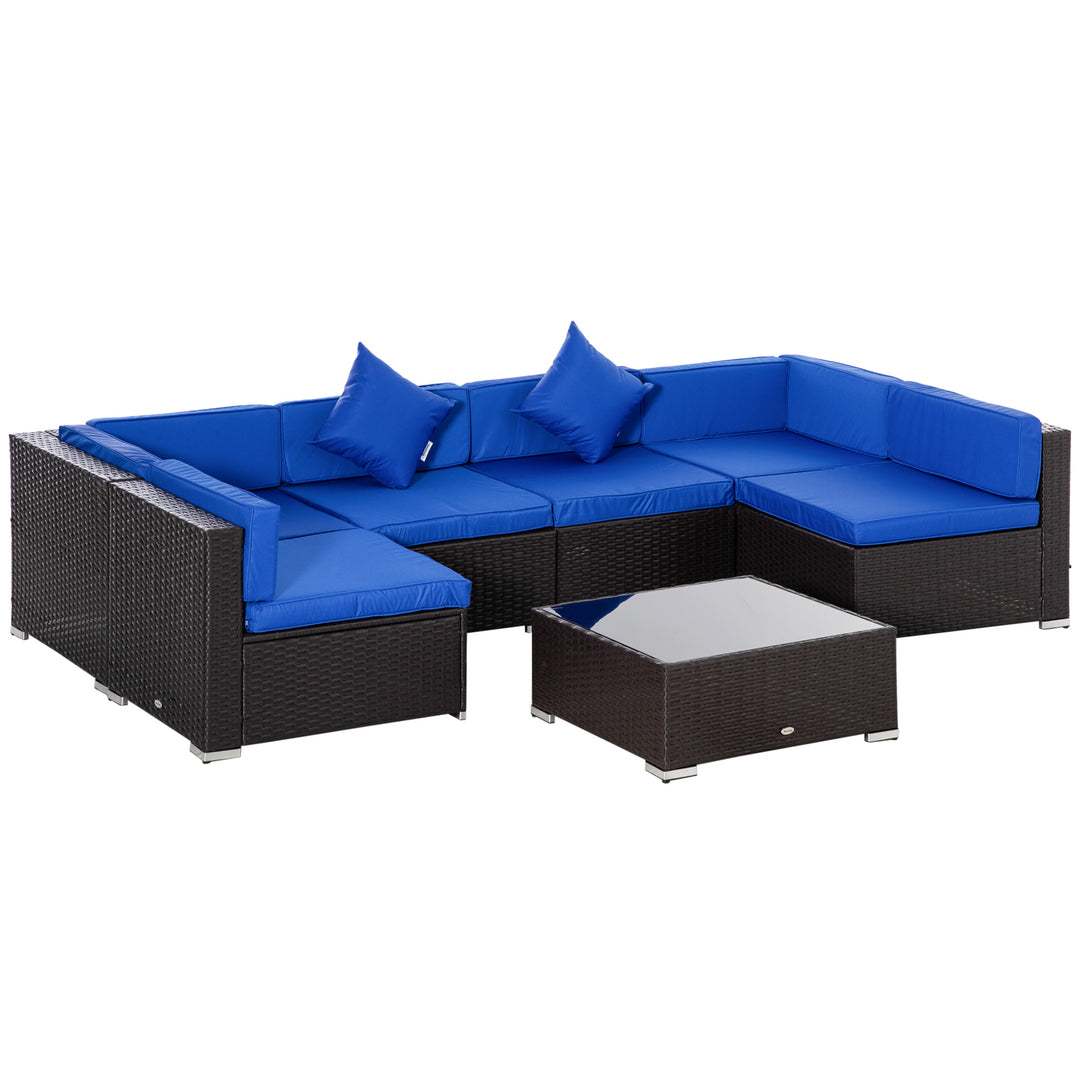 Outsunny 7 Pieces Outdoor Rattan Furniture Set, Patio Wicker Sectional Conversation Sofa Set, Blue