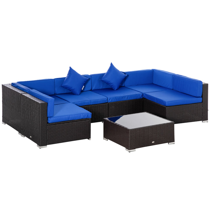 Outsunny 7 Pieces Outdoor Rattan Furniture Set, Patio Wicker Sectional Conversation Sofa Set, Blue
