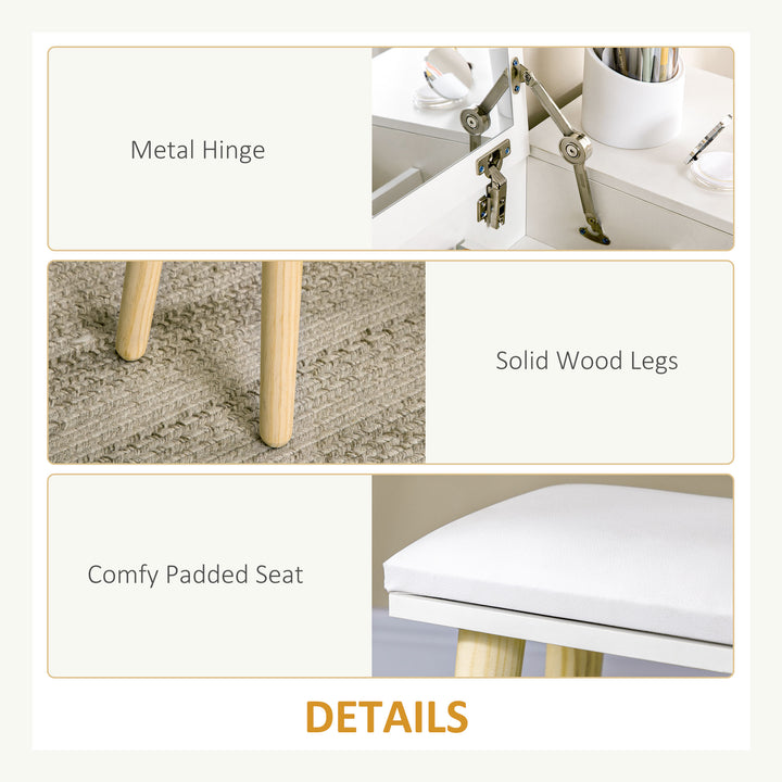 HOMCOM Makeup Vanity Desk with Flip Top Mirror and Cushioned Stool, Dressing Table Writing Desk with 2 Drawers and Storage Grids for Bedroom (White)