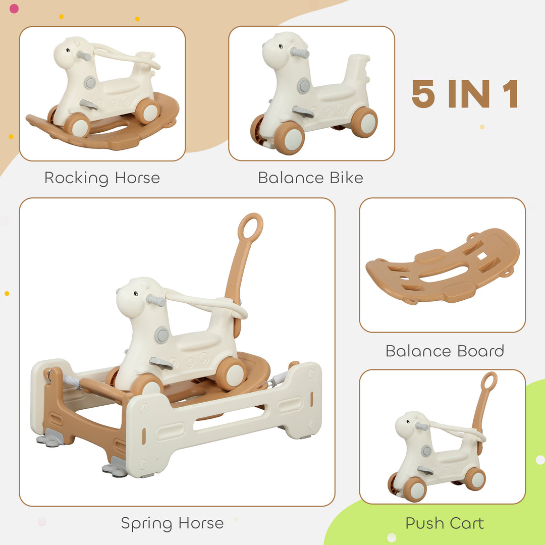 Qaba 5 in 1 Rocking Horse for Toddlers 1-6 Years with Balance Board, Push Handle, 4 Smooth Wheels, Brown