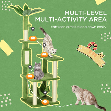 PawHut 56" Cat Tree for Large Cats Adult with Hammock, Cat Tower with Scratching Post, Platforms, Play Ball and Anti-tipping Device, for Indoor Cats, Green