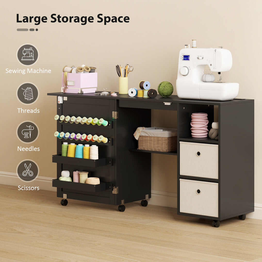 HOMCOM Rolling Sewing Machine Table with Power Outlet, Folding Craft Table with 2 Fabric Drawers, 2 Bins and 18 Pegs, White