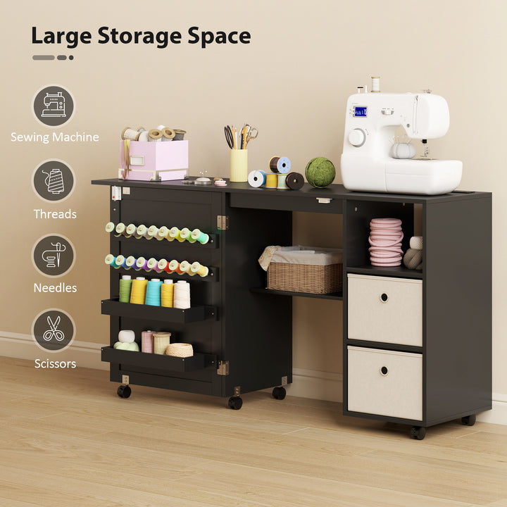 HOMCOM Rolling Sewing Machine Table with Power Outlet, Folding Craft Table with 2 Fabric Drawers, 2 Bins and 18 Pegs, White