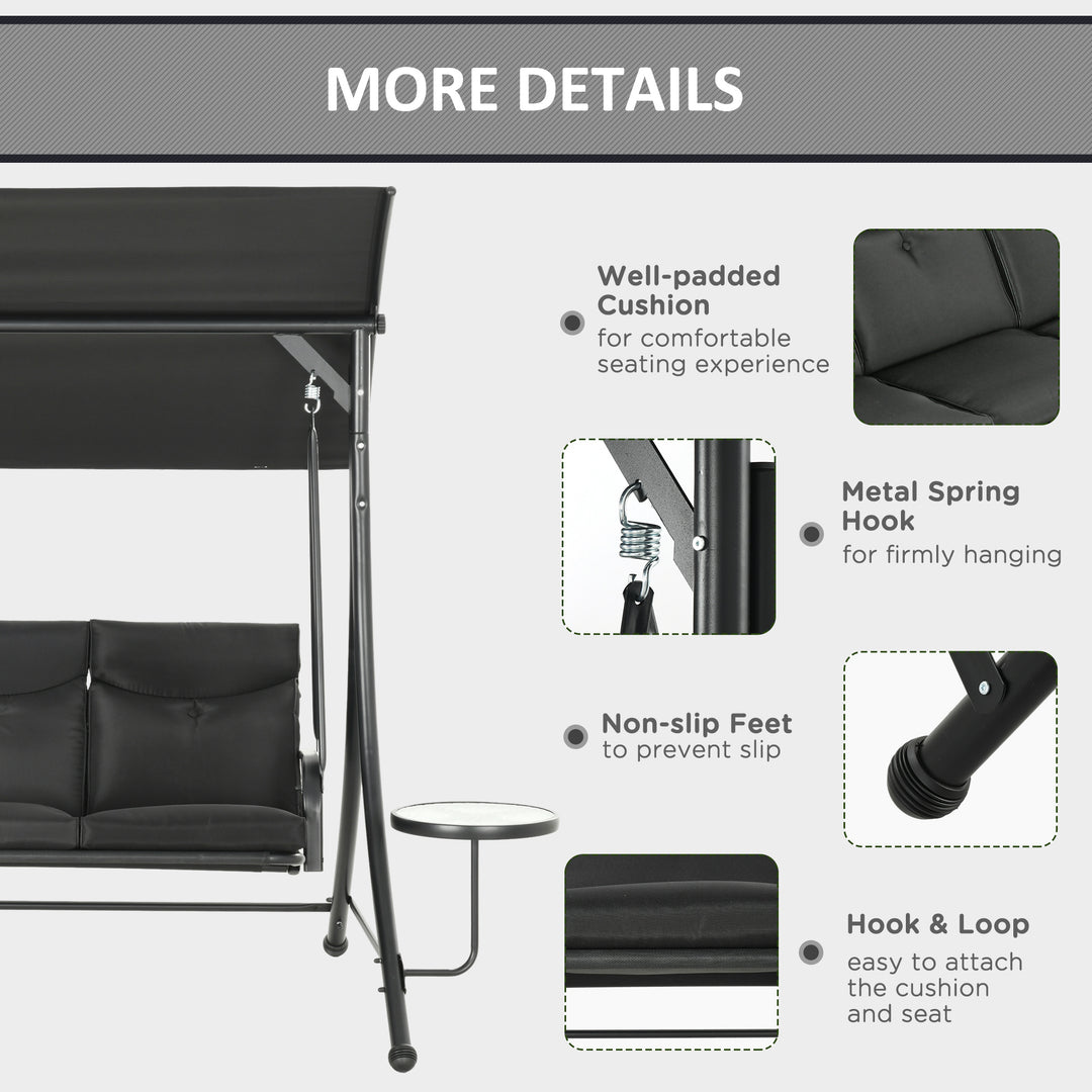 Outsunny 3 Seat Outdoor Swing Chair Steel Swing Bench Porch Swing With Adjustable Canopy & Coffee Tables & Cushion for Patio Garden, Black