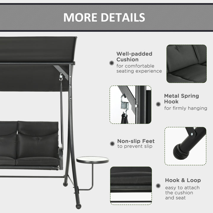 Outsunny 3 Seat Outdoor Swing Chair Steel Swing Bench Porch Swing With Adjustable Canopy & Coffee Tables & Cushion for Patio Garden, Black