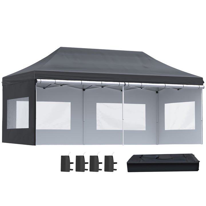 Outsunny 20' x 10' Folding Pop Up Canopy Tent with Sidewalls,  Windows, Weight Bags and Carrying Bag, Black