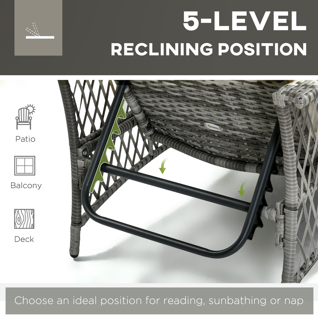 Outsunny 2 Pieces Wicker Patio Lounge Set w/ Cushions, Outdoor PE Rattan Sun Lounger Sets w/ 5-Level Reclining Chaise Chair & Two-tier Glass Top Coffee Table, Cream White