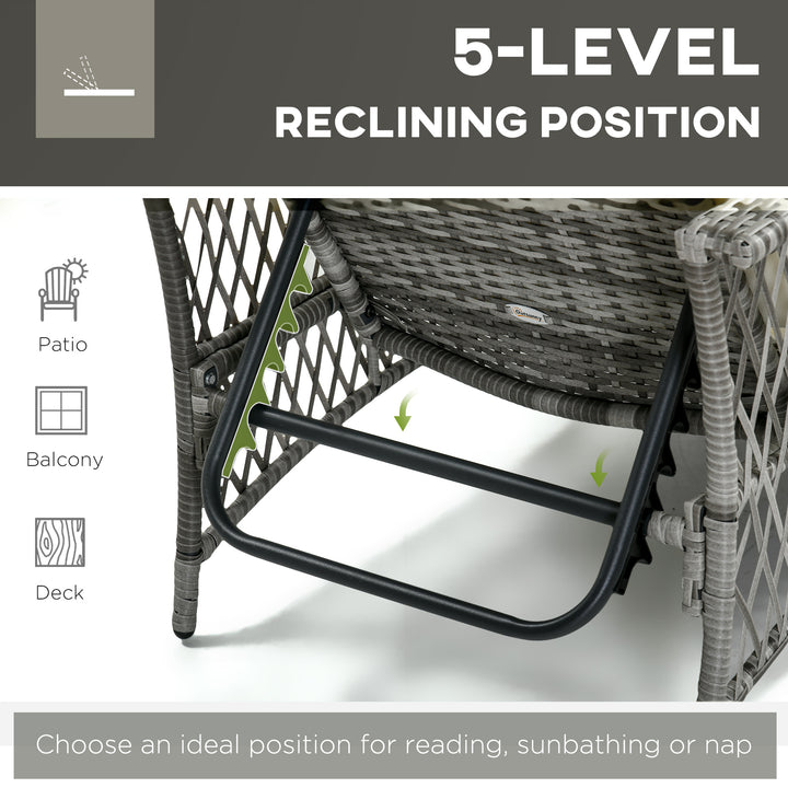 Outsunny 2 Pieces Wicker Patio Lounge Set w/ Cushions, Outdoor PE Rattan Sun Lounger Sets w/ 5-Level Reclining Chaise Chair & Two-tier Glass Top Coffee Table, Cream White