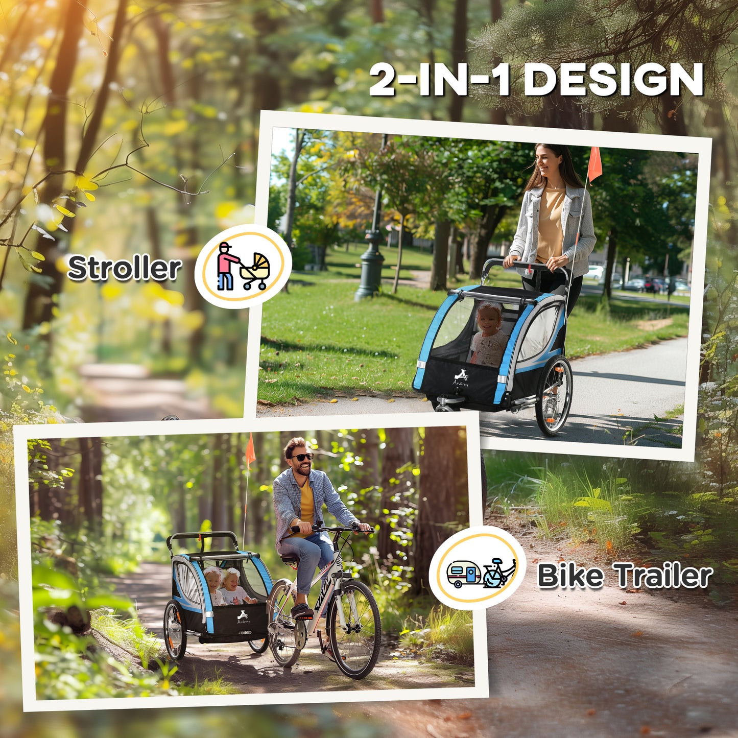 Aosom 2 Seat Bike Trailer for Kids 2-in-1 Double Baby Jogging Stroller with Handbrake, Rubber Wheels, 5 Point Harness, Waterproof Cover, Storage Bag, Reflectors, Yellow
