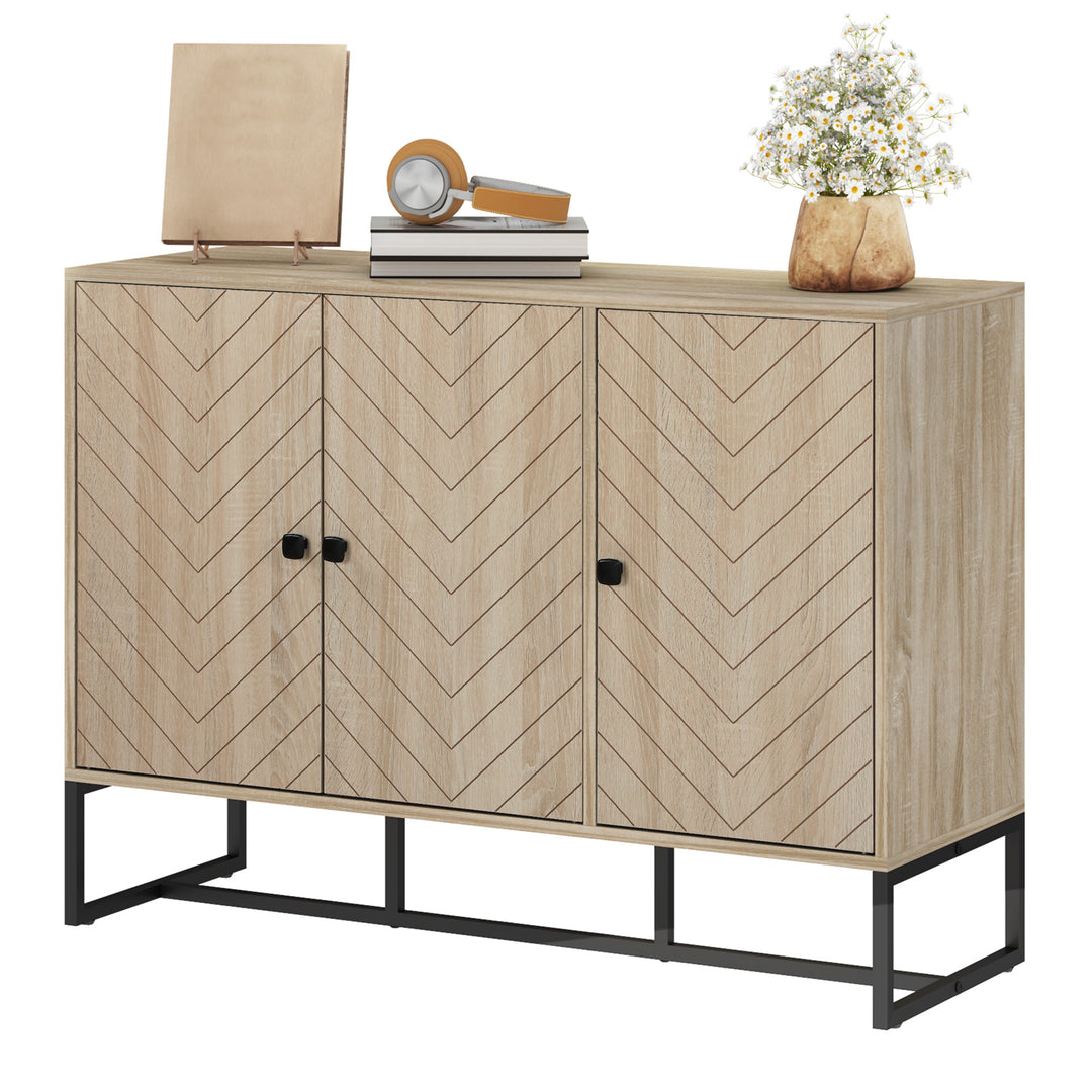 HOMCOM Modern Sideboard, Buffet Cabinet with Adjustable Shelves, 3 Chevron Doors for Living Room, Hallway, Oak Wood Grain