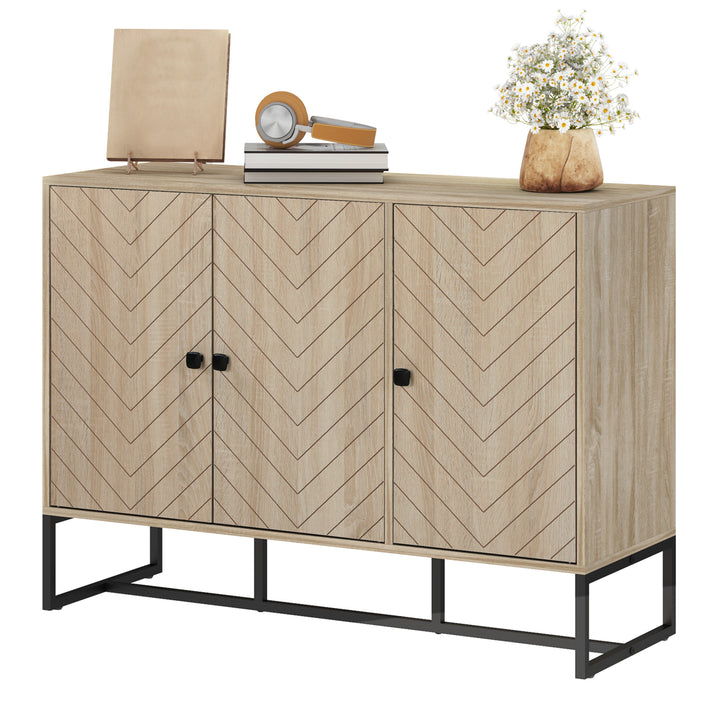 HOMCOM Modern Sideboard, Buffet Cabinet with Adjustable Shelves, 3 Chevron Doors for Living Room, Hallway, Oak Wood Grain